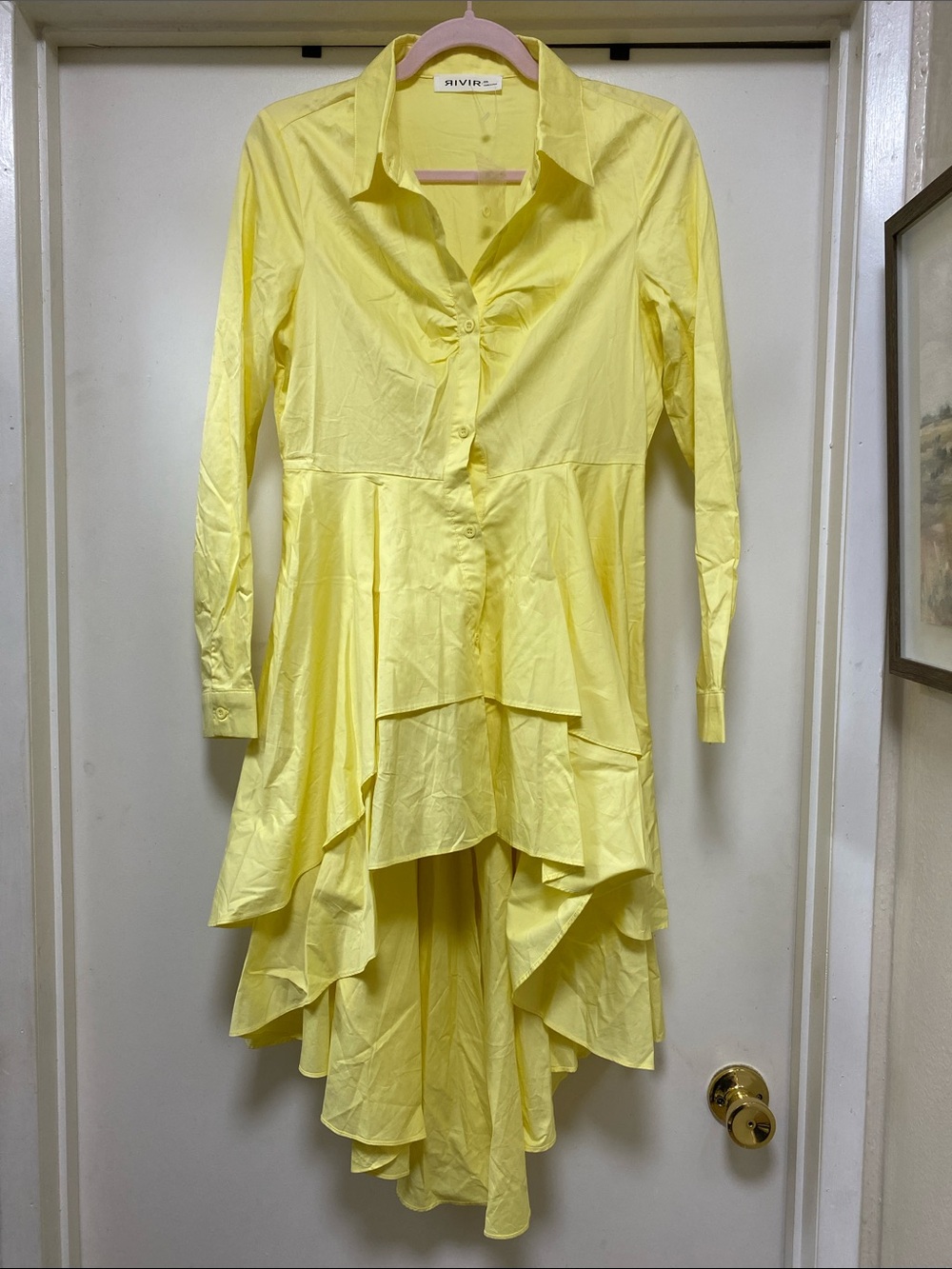 New, Rivir Yellow Ruffle High-Low Button Shirt Dress